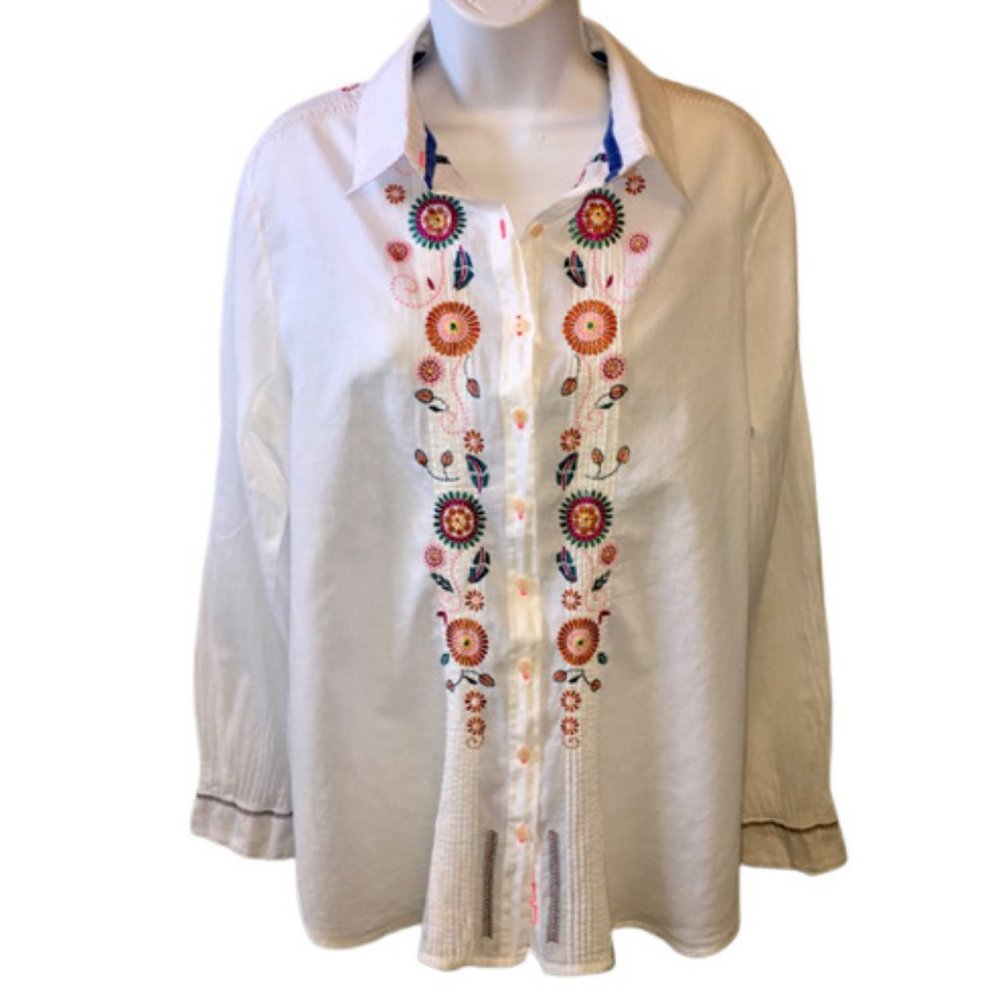 Johnny Was 3 J Workshop Button Front Shirt Embroidered  Cotton Large
